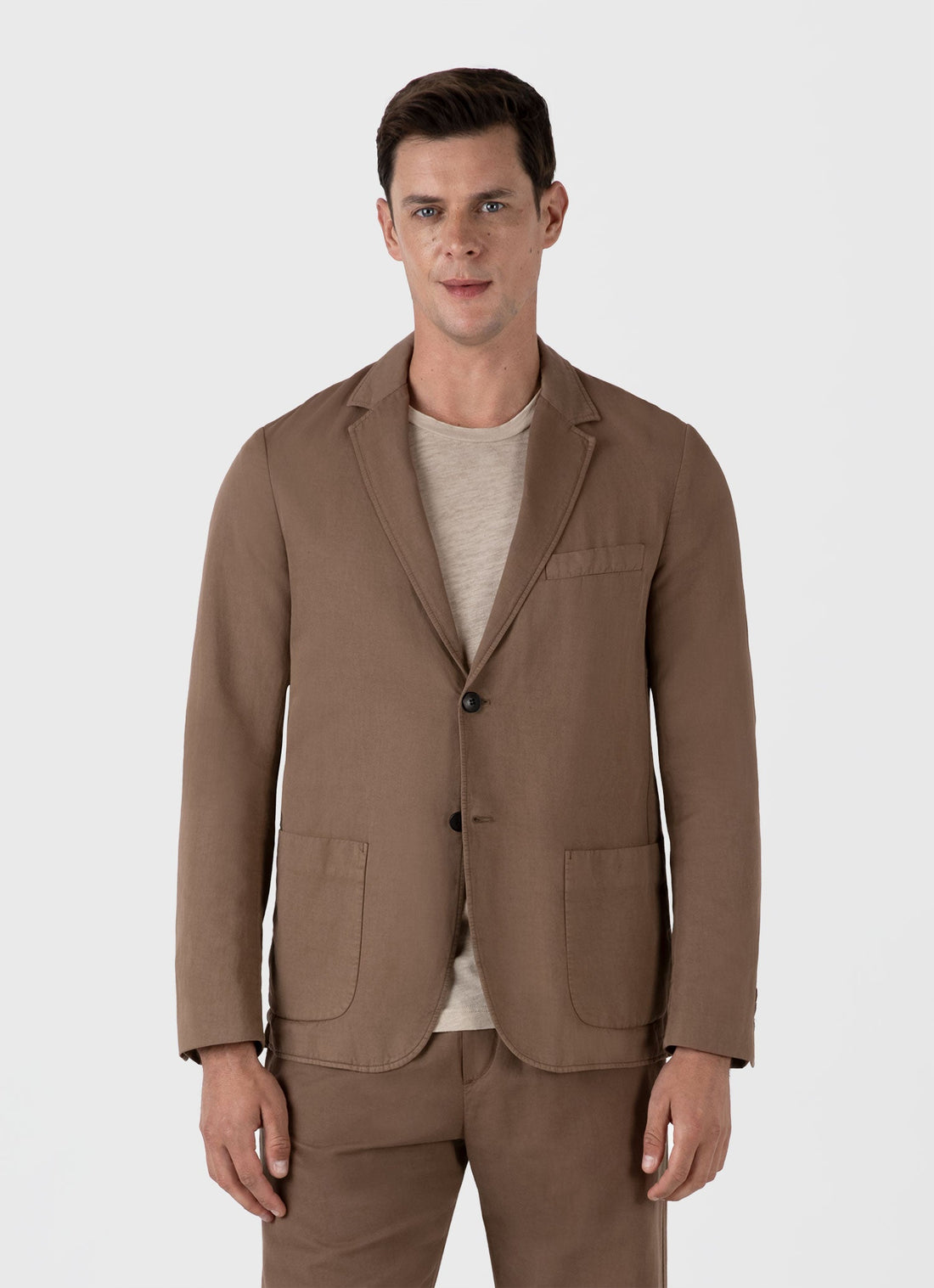 Men's Cotton Linen Two-Piece Suit in Dark Tan