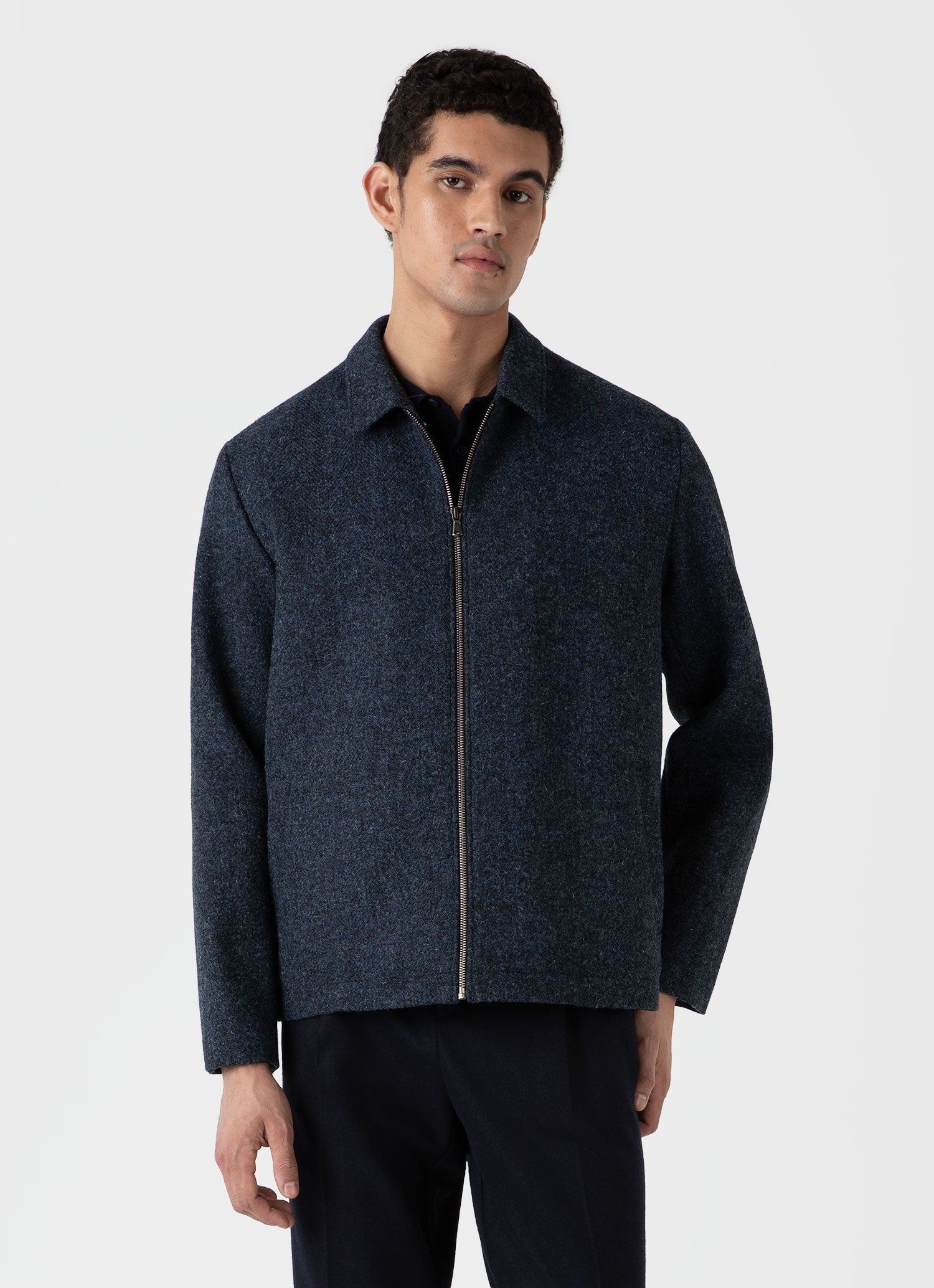 Men's Harris Tweed Harrington Jacket in Blue Herringbone