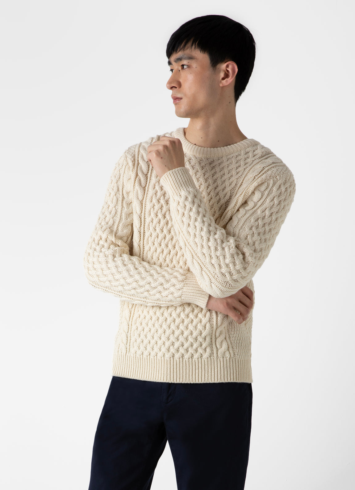 Men's Merino Cable Jumper in Ecru