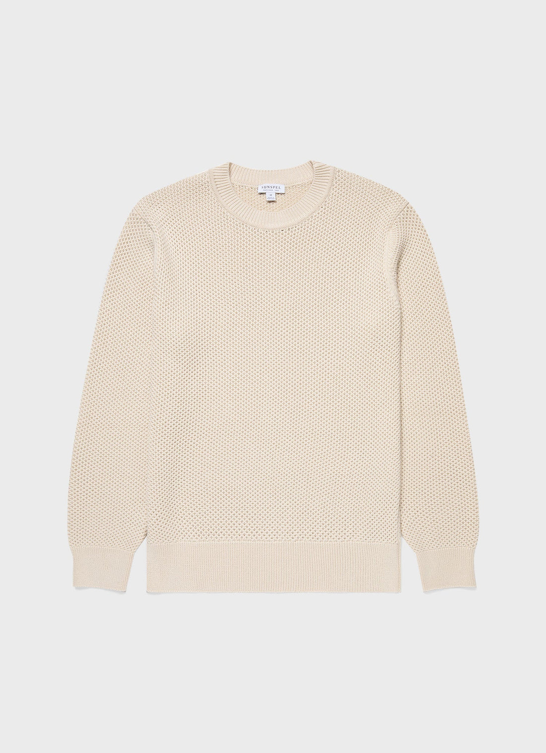 Men's Honeycomb Cotton Crew Neck Jumper in Ecru