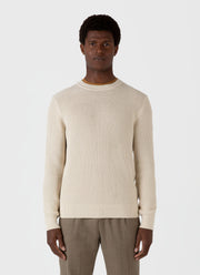 Men's Honeycomb Cotton Crew Neck Jumper in Ecru