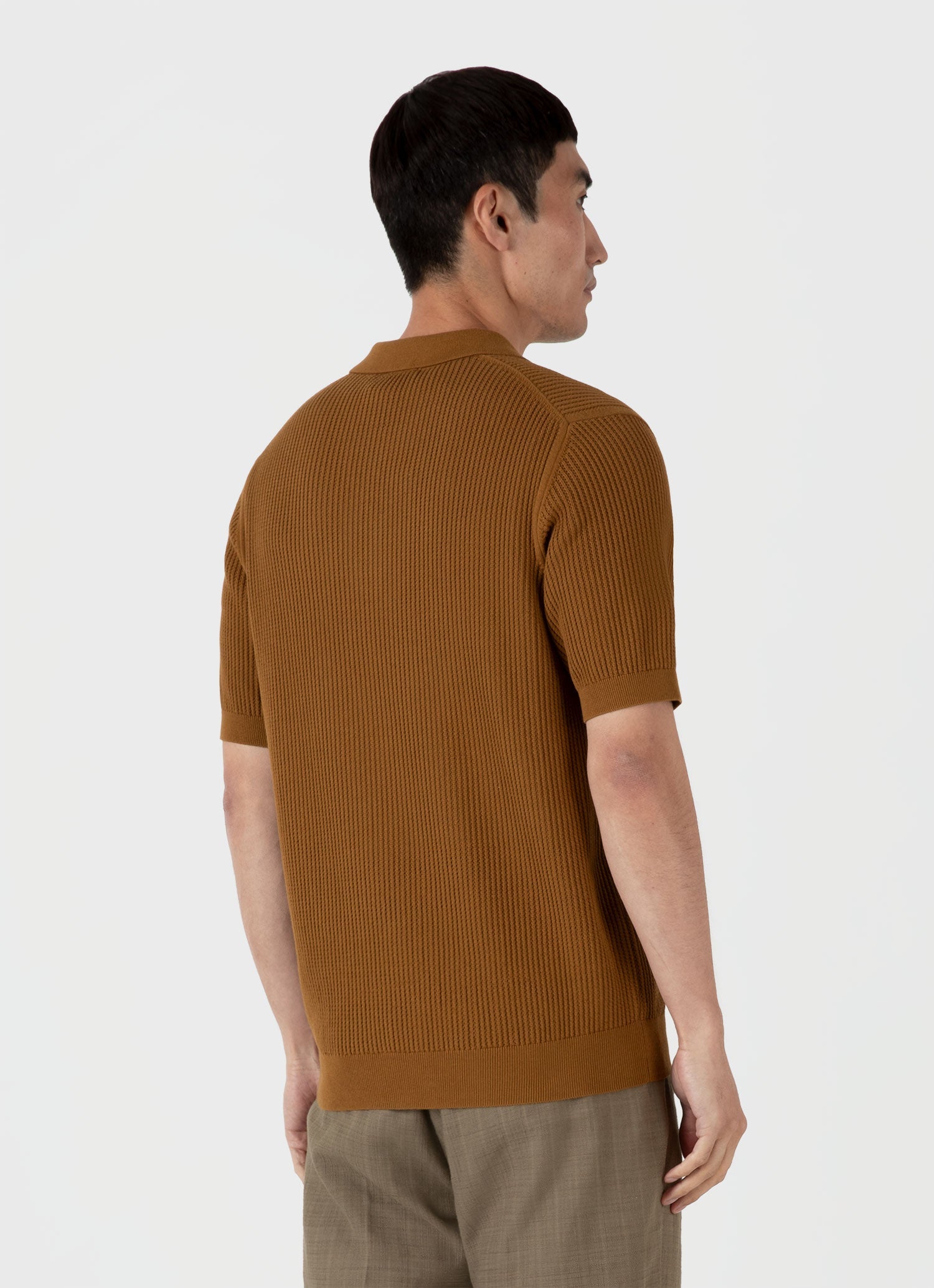 Men's Linear Mesh Knit Polo Shirt in Golden Brown