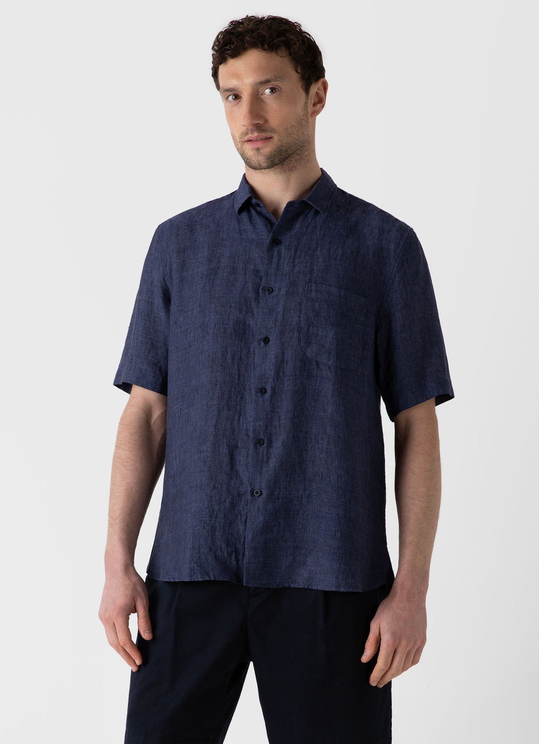 Men's Short Sleeve Linen Shirt in Navy Melange