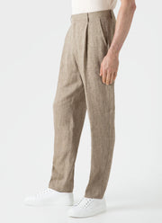 Men's Pleated Linen Trouser in Light Sand Puppytooth