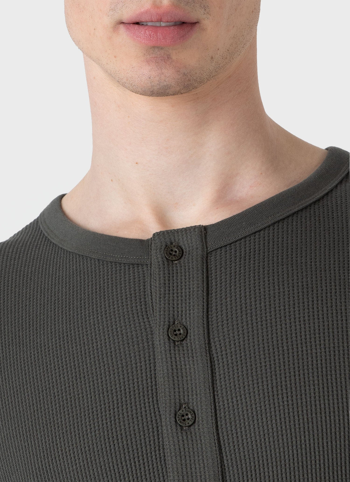 Men's Long Sleeve Waffle Henley in Drill Green