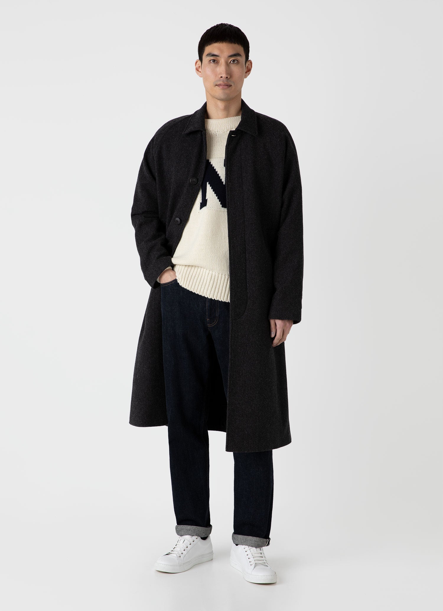 Men's Sunspel x Nigel Cabourn Balmacaan Wool Cashmere Coat in Charcoal Herringbone