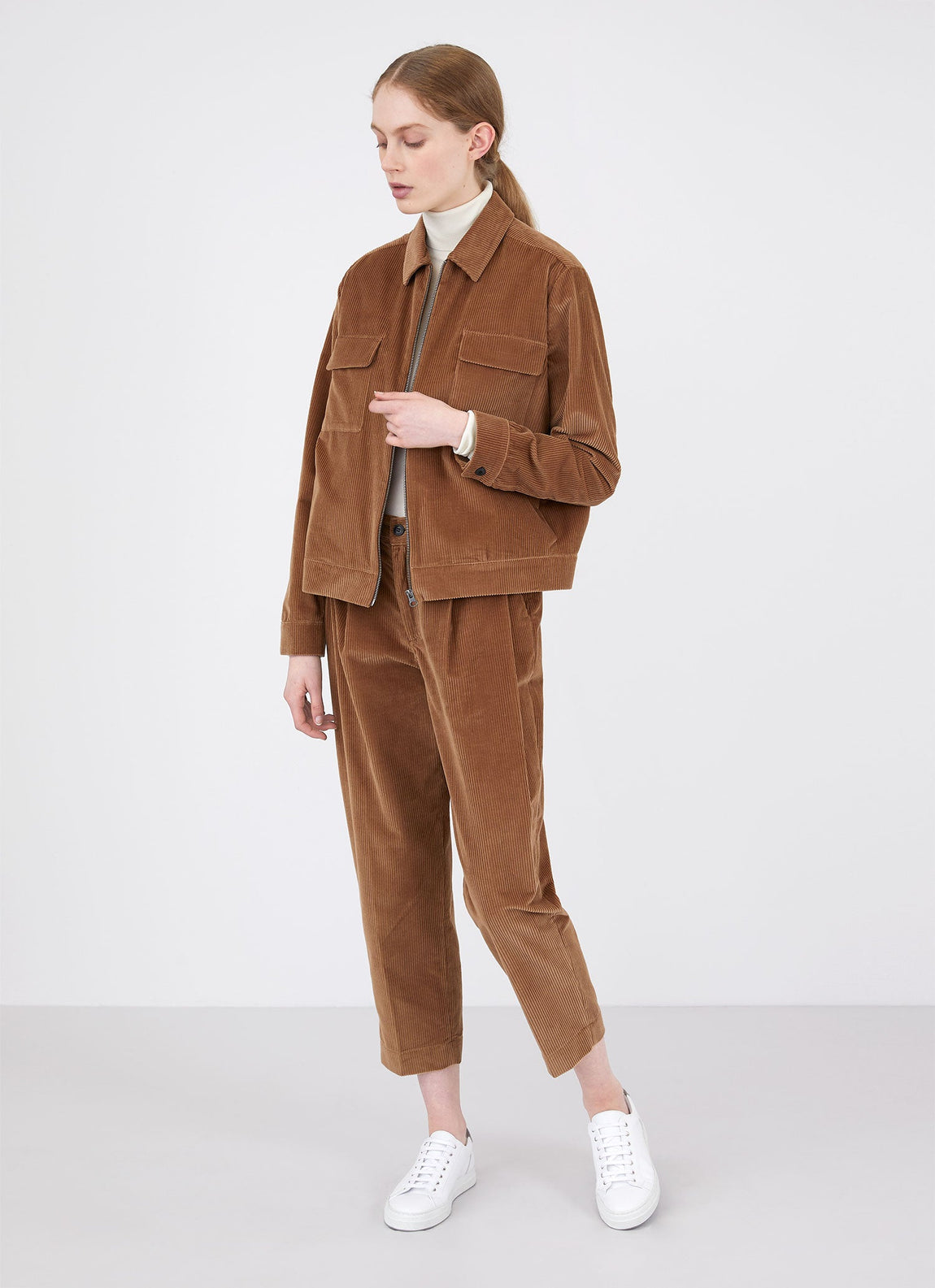 Women's Wide Wale Corduroy Zip Jacket in Dark Camel