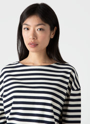 Women's Long Sleeve Boatneck T-shirt in Navy/Ecru Block Stripe