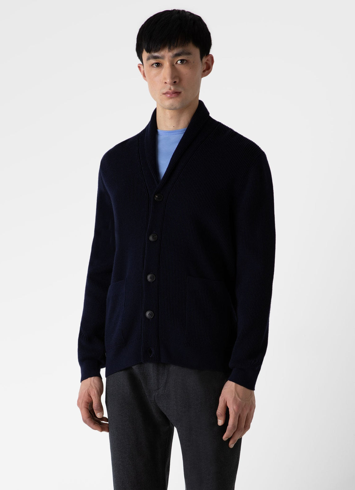 Men's Ribbed Shawl Neck Cardigan in Navy