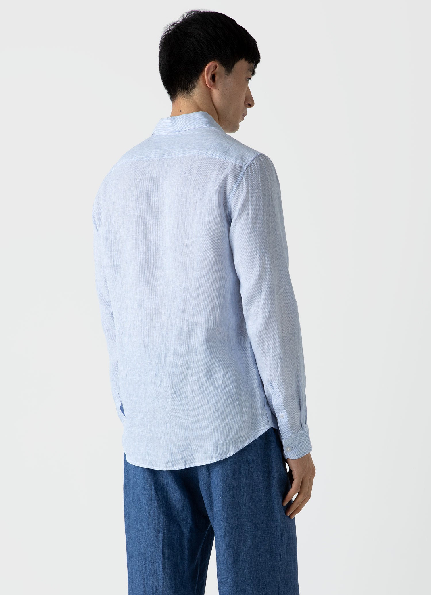 Men's Linen Shirt in Cool Blue Micro Stripe