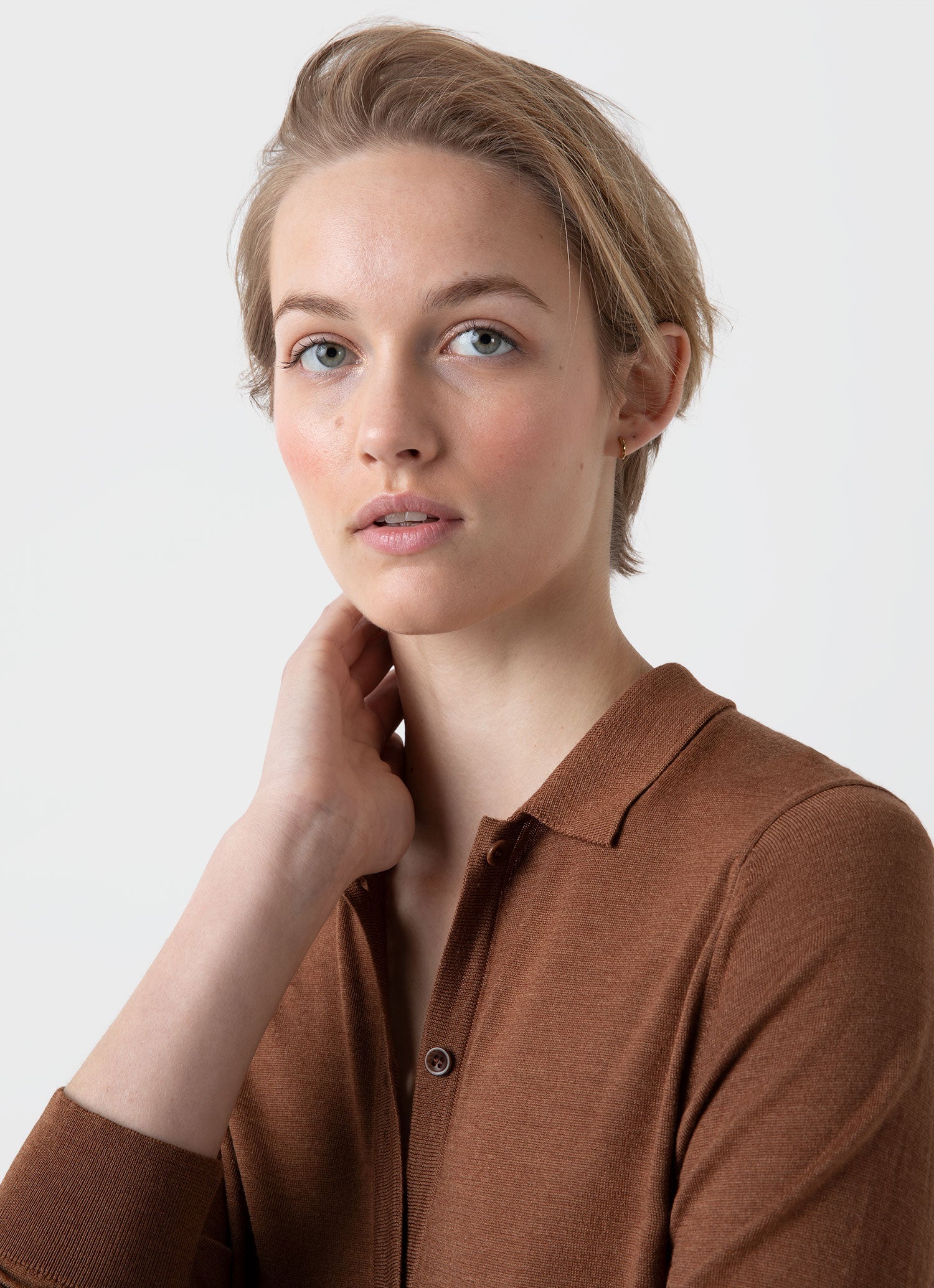 Women's Merino Silk Collar Cardigan in Pecan