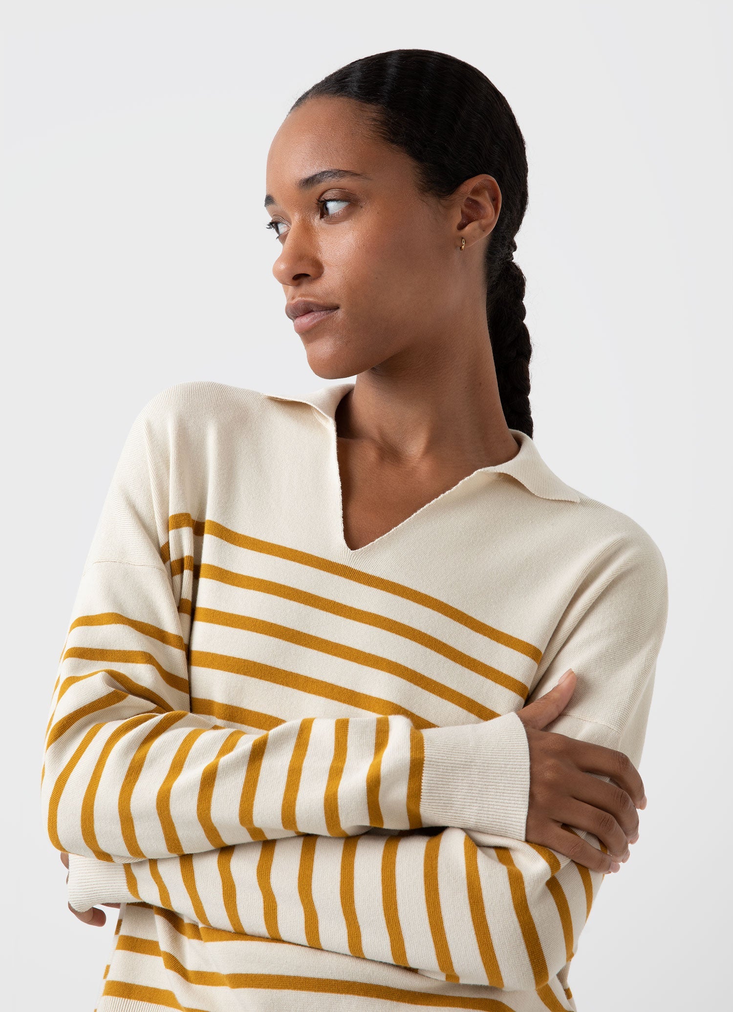 Women's Open Neck Jumper in Ecru/Cider Breton Stripe